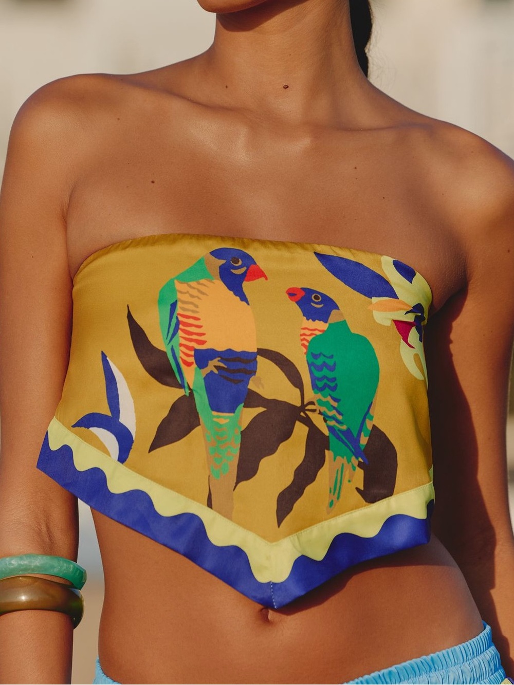 Anthro Celandine x Claire Colin Strapless Scarf Top Blue Gold Tropical SZ L NEW